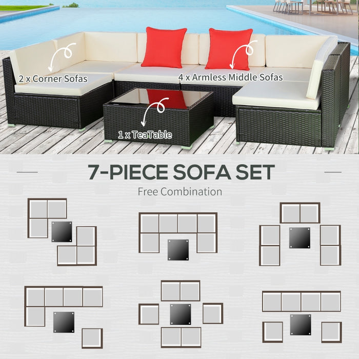 Outsunny 7 Pieces Patio Furniture Set with Cushions, All Weather PE Rattan Conversation Set with Glass Coffee Table, 6 Seats Sectional Sofa with 2 Throw Pillows, Cream White