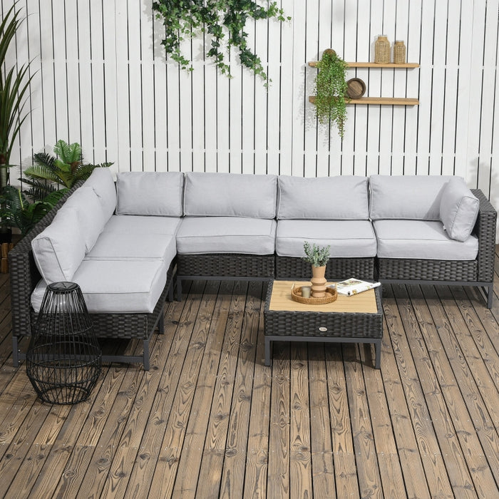 Outsunny 7 Pieces Outdoor Patio Furniture Set with Cushions, PE Wicker Sectional Sofa with Aluminum Frame, Conversation Set with Wood Grain Top Coffee Table, Light Gray