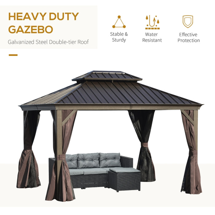 Outsunny 10' x 12' Hardtop Gazebo Canopy with Galvanized Steel Double Roof, Aluminum Frame, Permanent Pavilion Outdoor Gazebo with Netting and Curtains for Patio, Garden, Backyard, Deck, Lawn, Brown