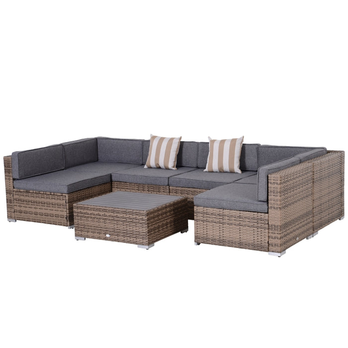 Outsunny 7-Piece Patio Furniture Set Outdoor Wicker Conversation Sets All Weather PE Rattan Sectional sofa set with Cushions & Slat Plastic Wood Table, Grey