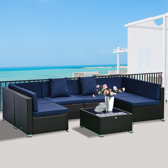 Outsunny 7-Piece Patio Furniture Sets Outdoor Wicker Conversation Sets All Weather PE Rattan Sectional sofa set with Cushions & Tempered Glass Desktop, Dark Blue