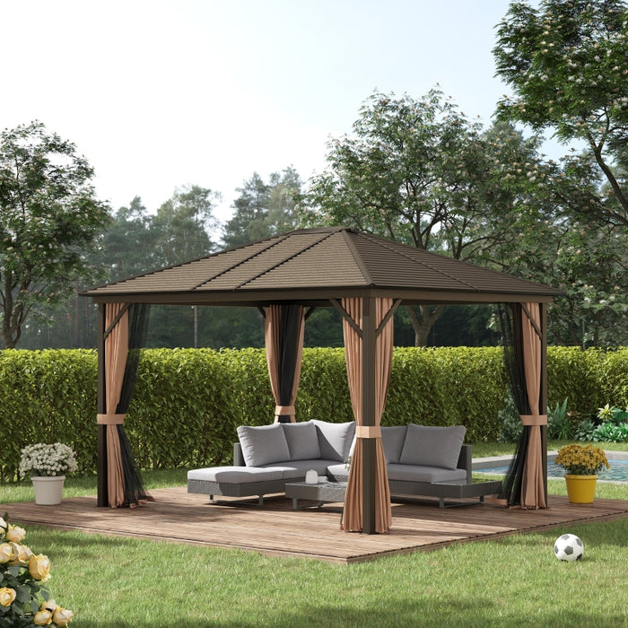 Outsunny 10' x 12' Hardtop Gazebo Canopy with Galvanized Steel Roof, Aluminum Frame, Permanent Pavilion Outdoor Gazebo with Hooks, Netting and Curtains for Patio, Garden, Backyard, Brown