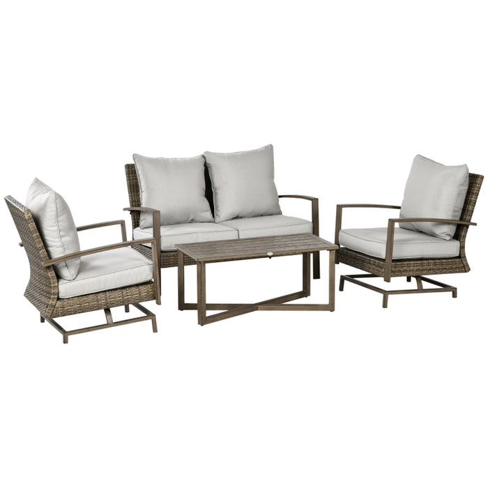 Outsunny 4 Pieces Patio Wicker Furniture Set with 2 Rocking Chairs, Outdoor PE Rattan Conversation Set with Cushions, Aluminum Sectional Furniture for Porch, Poolside, Light Gray