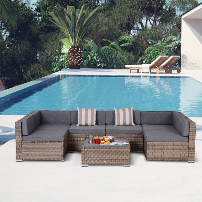 Outsunny 7-Piece Patio Furniture Set Outdoor Wicker Conversation Sets All Weather PE Rattan Sectional sofa set with Cushions & Slat Plastic Wood Table, Grey