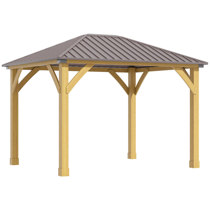 Outsunny 10' x 12' Hardtop Gazebo with Galvanized Steel Roof, Wooden Frame, Permanent Pavilion Outdoor Gazebo Canopy, for Patio, Garden, Backyard, Deck, Lawn, Brown